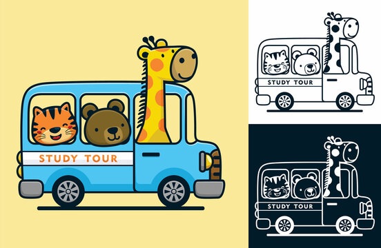 Funny animals on bus. Vector cartoon illustration in flat icon style