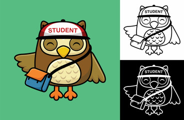 Cute owl wearing hat while carrying bag. Vector cartoon illustration in flat icon style