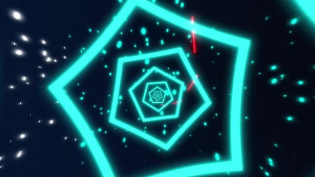 Flying through tunnel of red neon glowing pentagons with particles. Rotating flow of the shapes of luminous laser lines. Abstract geometric animation 4k. Optical illusion