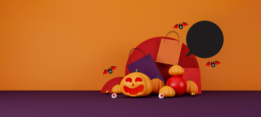 Fototapeta premium halloween sale banner design. halloween pumpkins and shopping bag on orange background for greeting card, banner, poster,blog, article, social media, marketing. 3D illustration