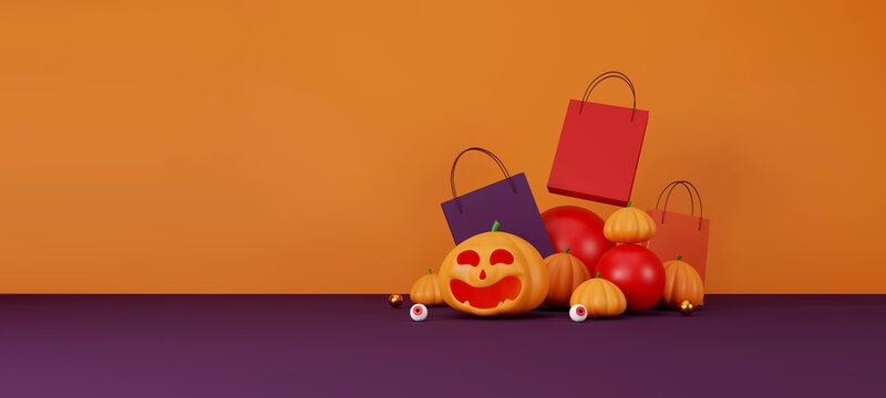 halloween sale banner design. halloween pumpkins and shopping bag on orange background for greeting card, banner, poster,blog, article, social media, marketing. 3D illustration