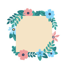 Cute frame of colorful flowers. Vector illustration. Flowers template for postcards or invitation.