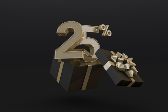 Black friday super sale with 25 percent gold number and black gift box and gold ribbon 3d render