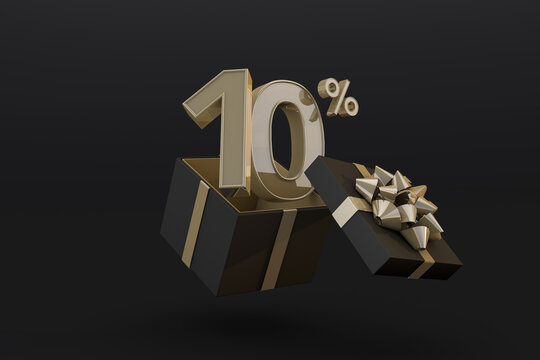Black friday super sale with 10 percent gold number and black gift box and gold ribbon 3d render