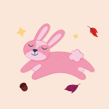 Illustration with cute autumn pink rabbit surrounded by orange leaves and stars