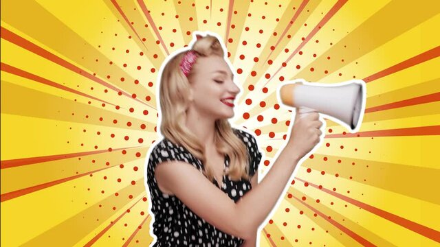Excited young Blond woman looking aside screaming in megaphone on yellow Vintage backdrop for comic superhero text, speech bubble. Pop art yellow comics book cartoon funny retro pattern strip mock up.