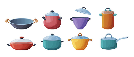 Frying pan, pans pots and saucepan set. Kitchen utensils cooking food, boiling and warming
