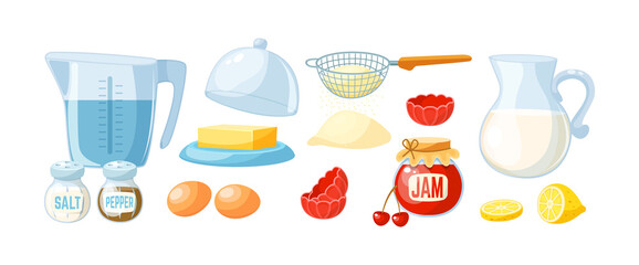 Dough cooking and baking ingredients set. Kitchen tools and utensils for preparing pastry dessert