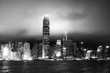 Hong Kong skyscreapers by night, black and white
