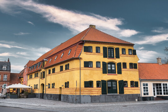 Kerteminde tradional half timbered warehouses near the harbor on Funen, Denmark