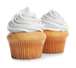 Delicious cupcakes decorated with cream on white background