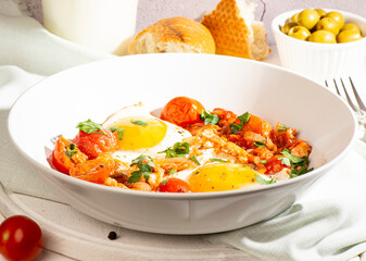 a healthy breakfast. scrambled eggs with vegetables