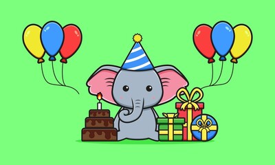 Cute elephant celebrate birthday party cartoon icon illustration