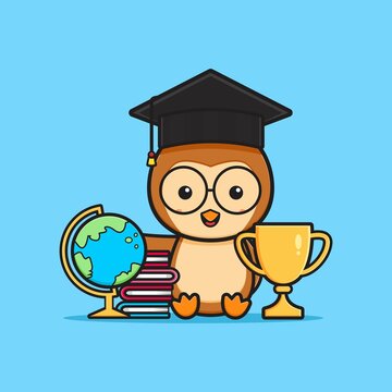 Cute owl with school equipment cartoon icon illustration