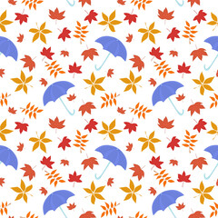 autumn vector pattern with colorful leaves and a blue umbrella on a white background