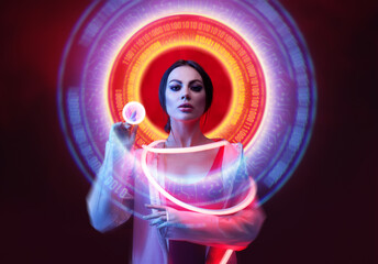 Beautiful woman in futuristic costume on dark background. Augmented reality, future technology, AI concept. Holographic interface to display data. Red neon light.