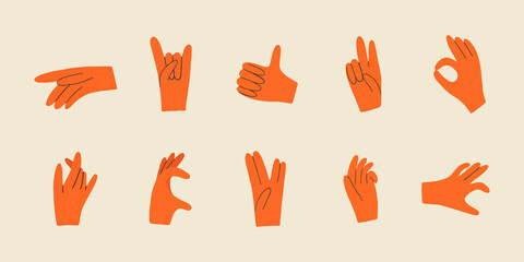 Set with various hands gestures. Different gestures, pointing finger. Trendy hand drawn colored trendy Vector illustration. All elements are isolated.