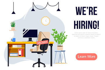 We are hiring banner design. Job vacancy vector poster. Empty office workplace with desk, chair and vacant sign on it. Business recruiting creative concept.