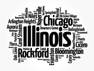 List of cities in Illinois USA state, word cloud concept background