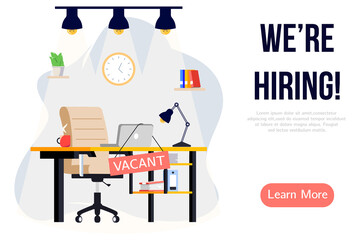 We are hiring banner design. Job vacancy vector poster. Empty office workplace with desk, chair and vacant sign on it. Business recruiting creative concept.
