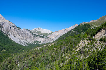 Fototapeta na wymiar Paysage de montagne dans le massif du Queyras dans le département des Hautes-Alpes en été en France dans le col de l'Izoar