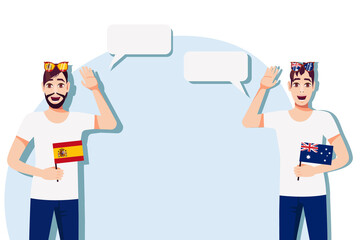 Men with Spanish and  Australian flags. Background for the text. Communication between native speakers of the language. Vector illustration.
