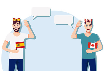 Men with Spanish and Canadian flags. The concept of international communication, education, sports, travel, business. Dialogue between Spain and Canada. Vector illustration.