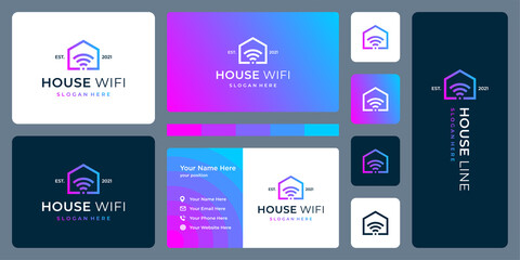 Modern home with abstract line art style logo design inspiration and signal, wireless or connection symbol. Business card design template