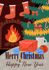 Merry Christmas and Happy New Year poster with inscription. Xmas cozy holiday eve. Fireplace, gift boxes, cocoa cup and tangerine on table. Winter family celebration placard. Vector eps illustration