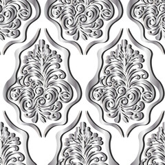 Damask style silver pattern on a white background. Seamless pattern, vector.