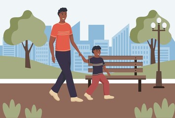 A young man with a child is walking in the park. Dad and his son are walking down the street. Flat vector illustration