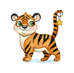 Fototapeta na wymiar Watercolor illustration of a funny tider. Cute tiger isolated on white background. Watercolor hand-drawn illustration. Animal Clip Art. Clipart. Watercolor cartoon style illustration.