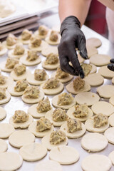 Cook sculpts dumplings. Production of dumplings and ravioli with various fillings. High quality photo