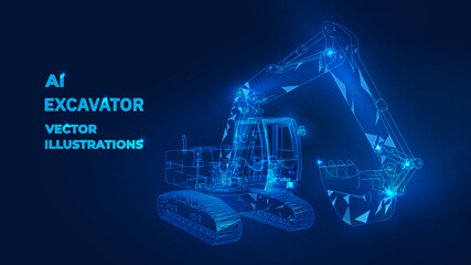 Polygonal 3d excavator in dark blue background. Online cargo delivery service, logistics or tracking app concept. Abstract vector illustration of online freight delivery service