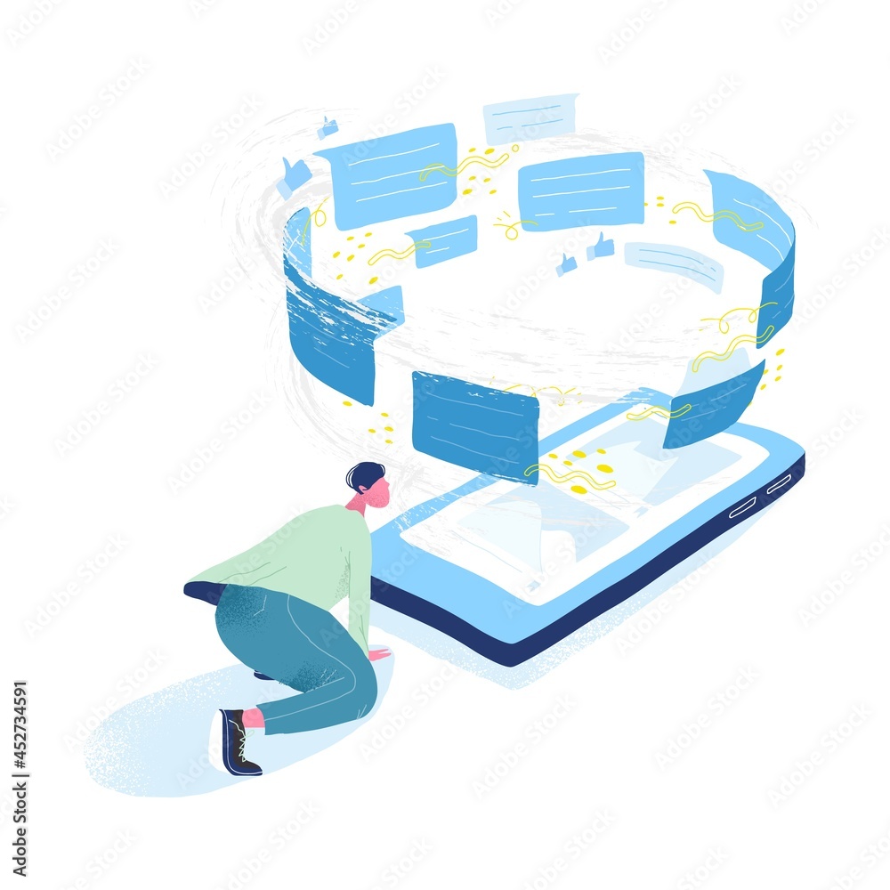 Poster guy looking at giant mobile phone and tornado of messages. concept of information flow, communicatio