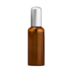 A bottle of brown glass with a liquid cosmetic product. A bottle with a silver lid and a dosing pipette. Skin care. The image is isolated on a white background.