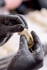 Cook sculpts dumplings. Production of dumplings and ravioli with various fillings. High quality...