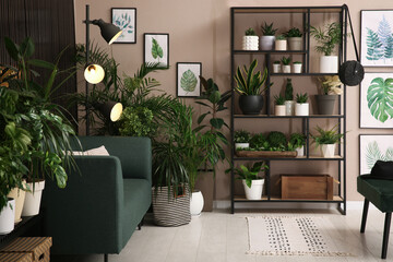 Stylish living room interior with many beautiful houseplants - Powered by Adobe