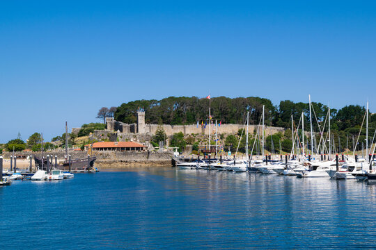 Panoramic view of the tourist parador of Baiona seen from the sea. Galicia - Spain