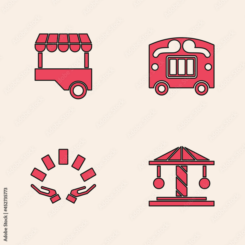 Wall mural set attraction carousel, fast street food cart, circus wagon and hand holding playing cards icon. ve