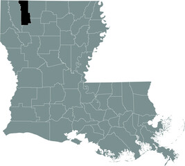 Black highlighted location map of the Webster Parish inside gray map of the Federal State of Louisiana, USA