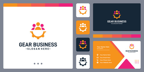 Gear logo design template with teamwork graphic design vector illustration.