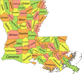 Pastel vector map of the Federal State of Louisiana, USA with black borders and names of its counties