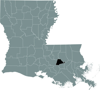 Black highlighted location map of the Ascension Parish inside gray map of the Federal State of Louisiana, USA