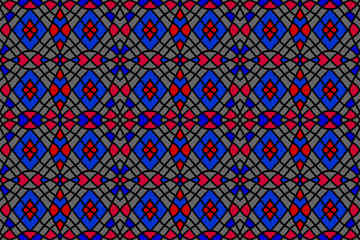 Ethnic tribal retro fashion fabric pattern black line mesh with blue red seamless stripes on gray background.