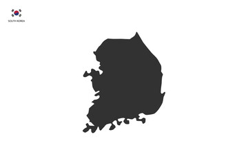 South Korea black shadow map vector on white background and country flag icon left corner.