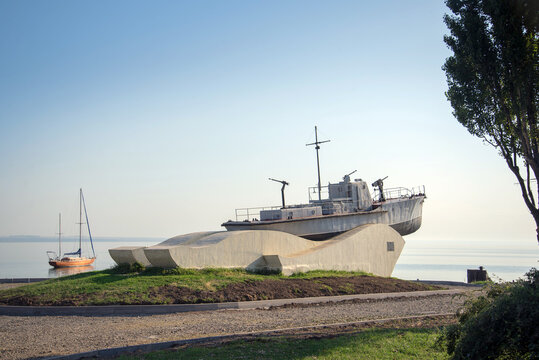 A military boat is a monument to sailors who fought with the Nazi invaders for Taganrog in the Great Patriotic War of 1941-1945. Russia, Taganrog, August 2021