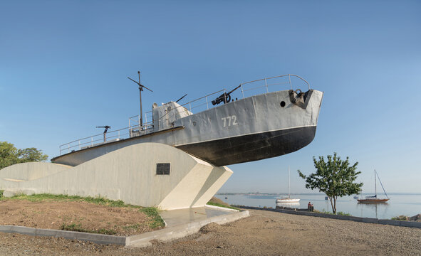 A military boat is a monument to sailors who fought with the Nazi invaders for Taganrog in the Great Patriotic War of 1941-1945. Russia, Taganrog, August 2021