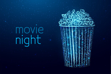 Pop corn wireframe. Movie night poster template with glowing low poly tasty snack. Futuristic modern abstract. Isolated on dark background. Vector illustration.