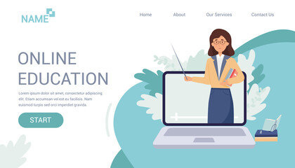 Online education, home schooling concept. Banner for Landing page. Female teacher on laptop screen. Vector illustration. Flat cartoon style design.